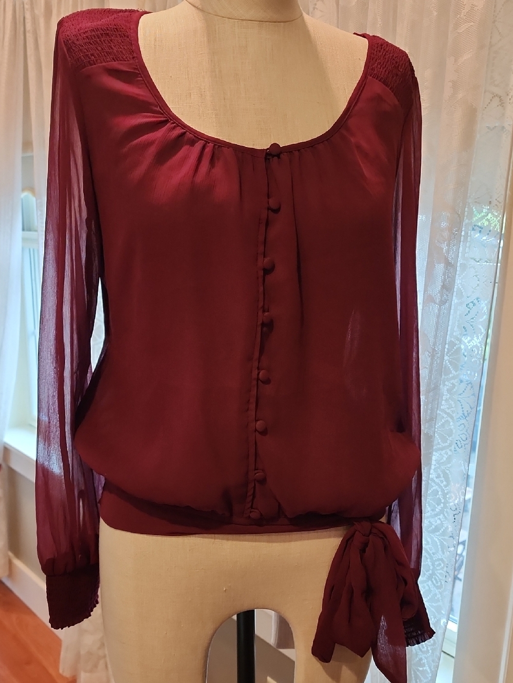 White House Black Market Burgundy Long-Sleeve Tie-Hem Blouse